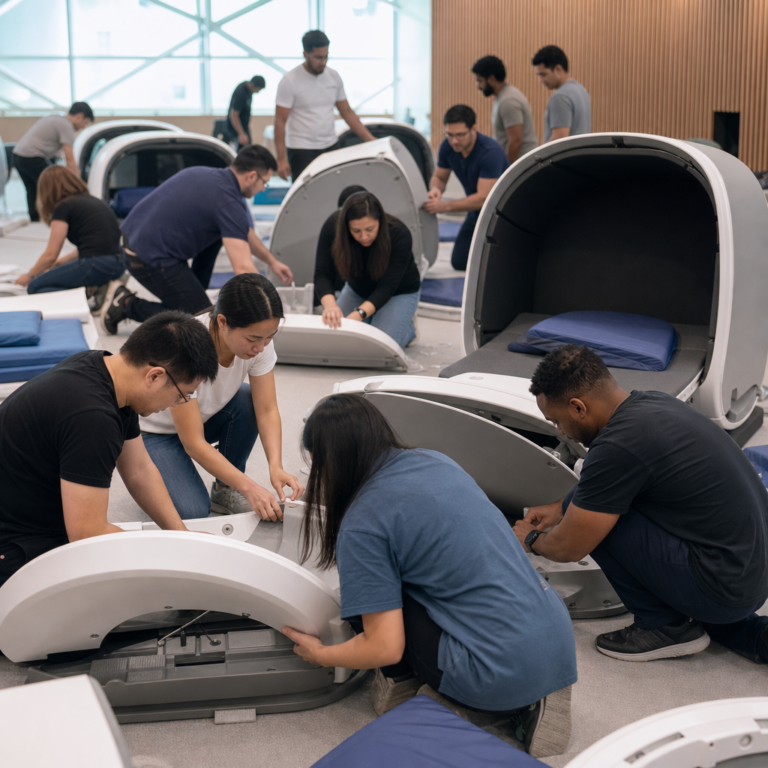 Colleagues assembling sleep pods in small teams during a charity build.