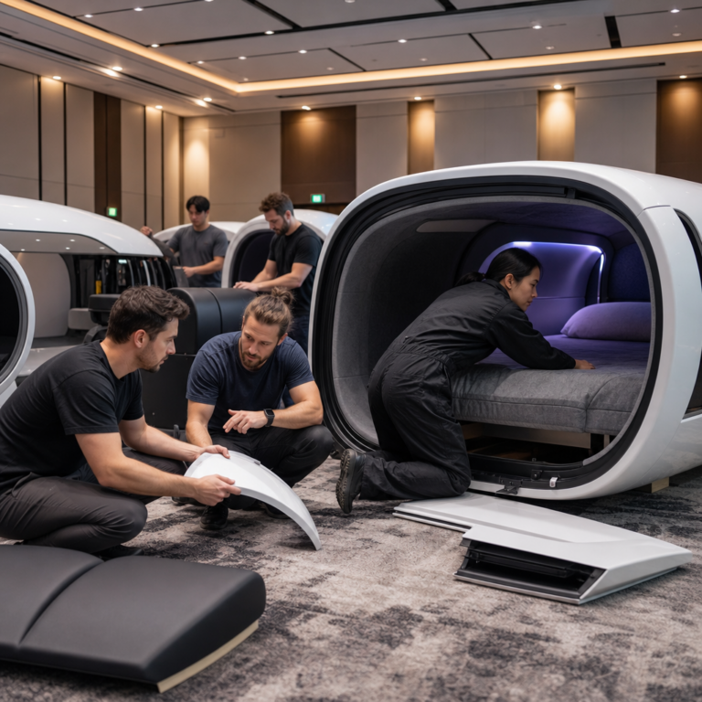 A team checking and completing the final sleep pod assembly together.