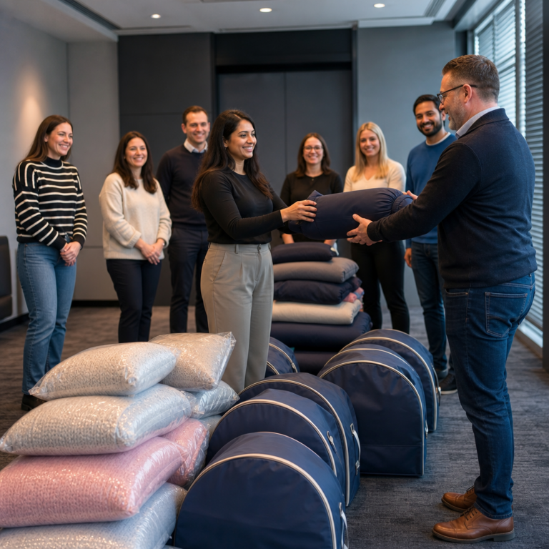 The handover moment after a sleep pods charity team building event.
