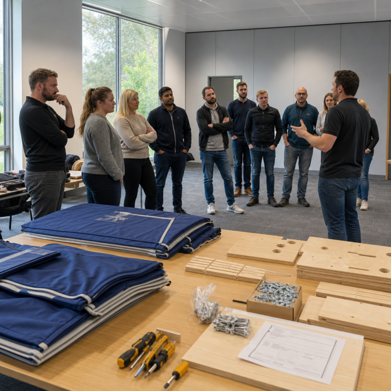 Facilitator briefing a corporate team before a sleep pods charity build.