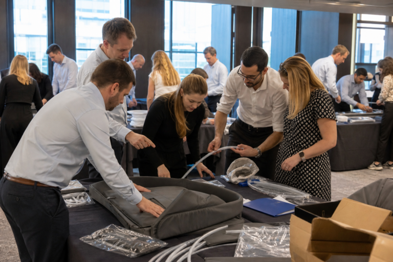 A UK corporate team assembling sleep pods for donation during a charity team building event indoors.