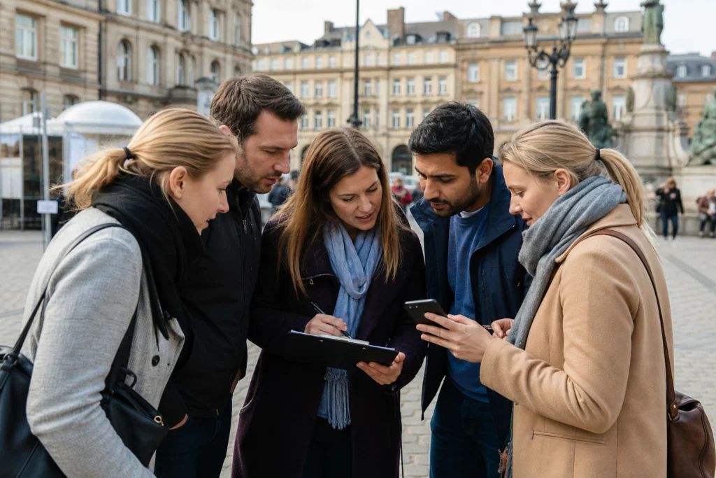 Small corporate team working together on an outdoor treasure hunt