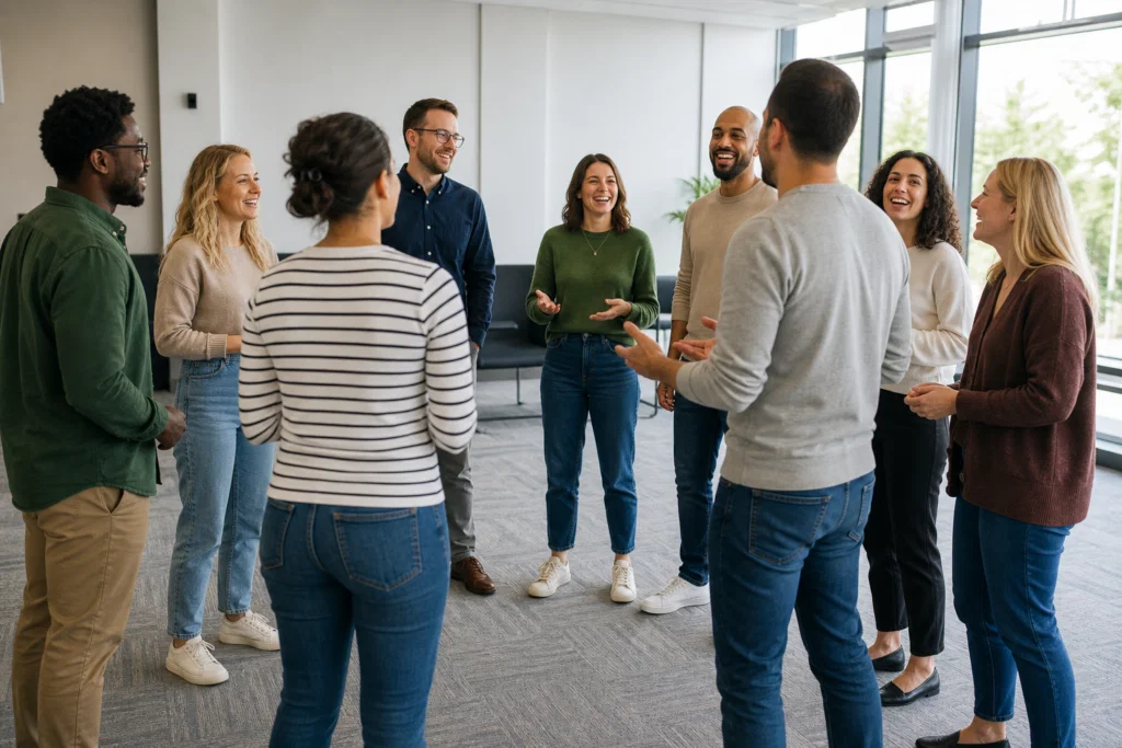 Small group of colleagues taking part in an icebreaker activity at a workplace event