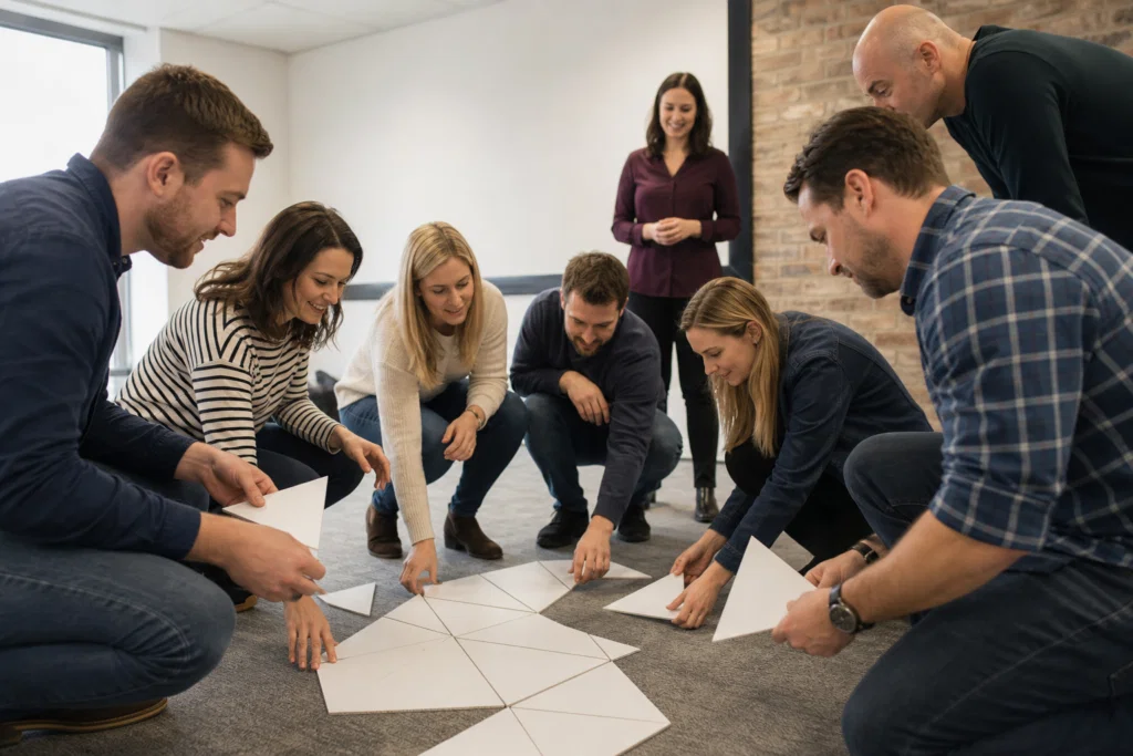 Small group of colleagues taking part in an indoor team building challenge