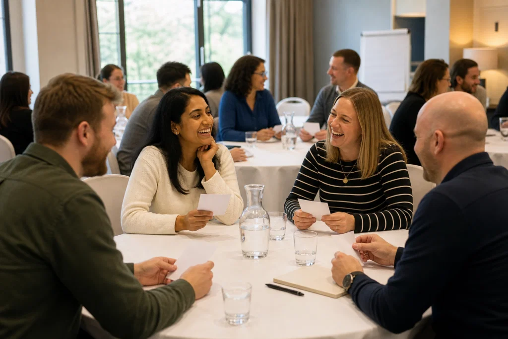 Small groups of colleagues discussing funny icebreaker questions at an indoor away day
