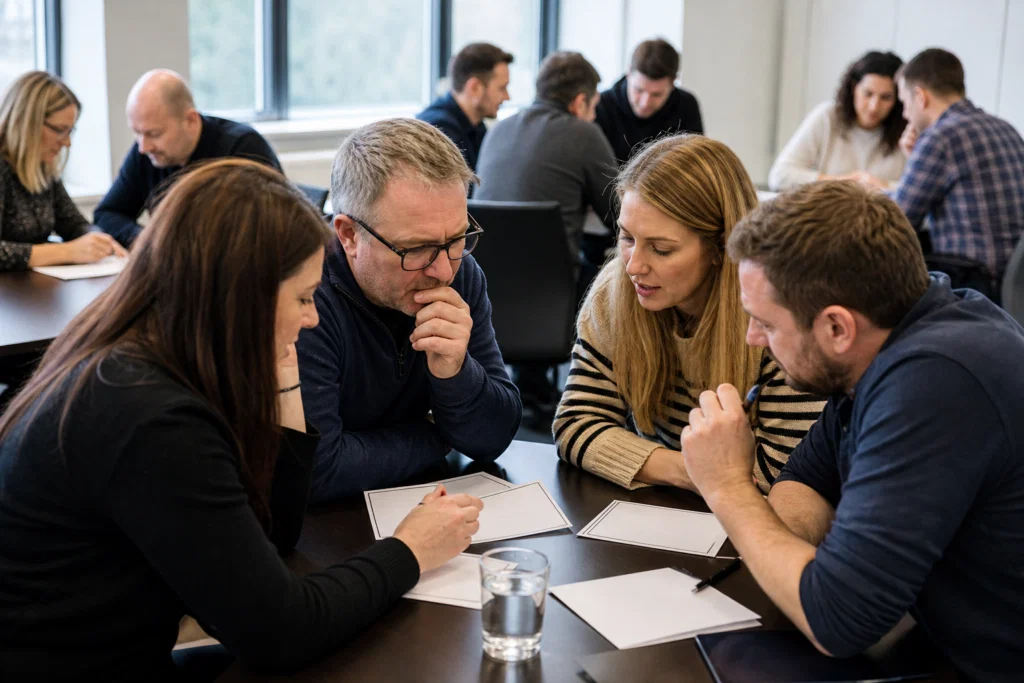 Small groups solving adult riddles at a workplace team event