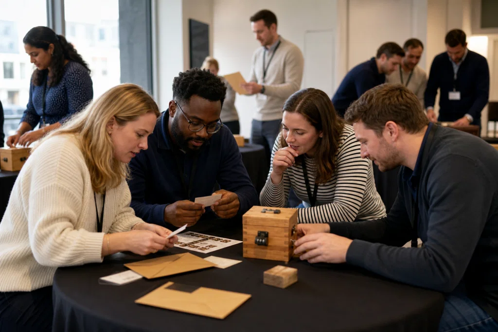 Small teams working through puzzle stations during a corporate brain teaser activity