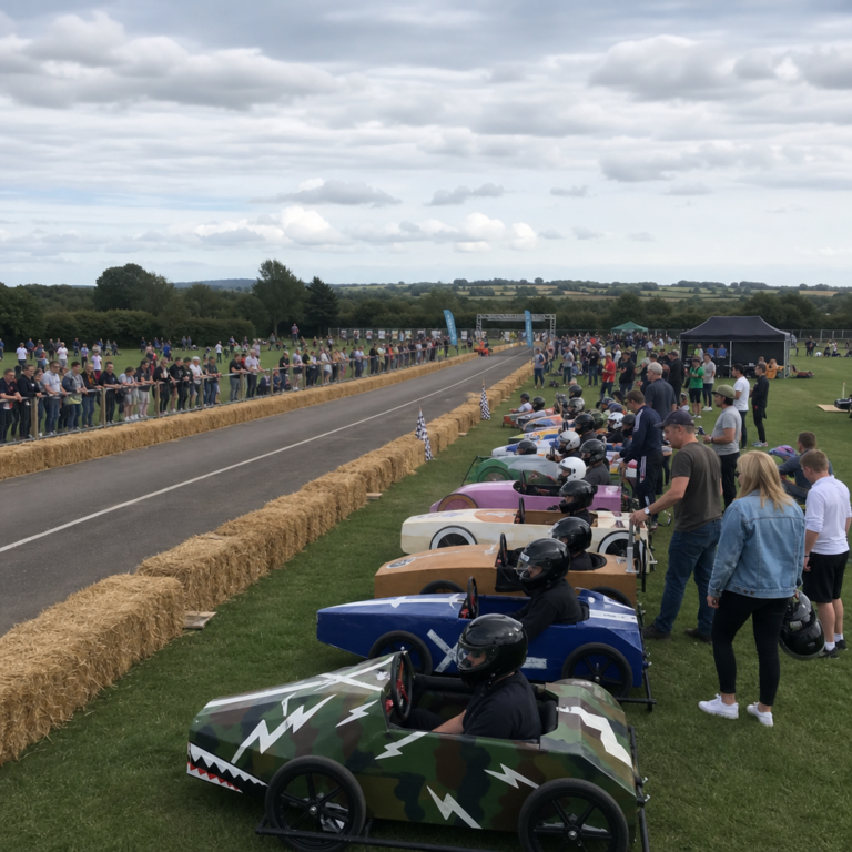 Wide view of a corporate Soap Box Derby setup with build zones, race course and lined-up team carts