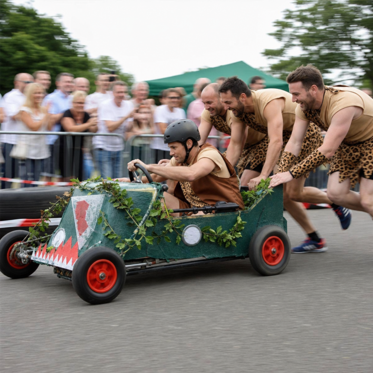 Corporate team cheering as their decorated cart races around the Soap Box Derby course