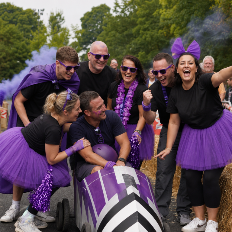 Colleagues celebrating beside their finished Soap Box Derby cart after the final race