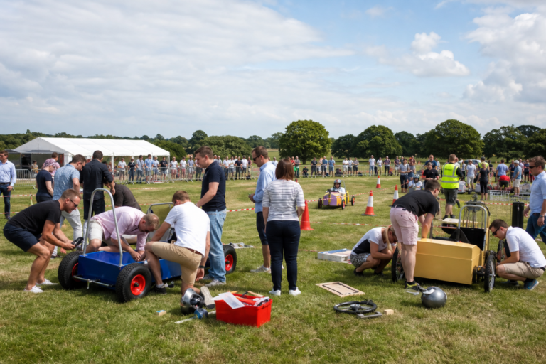 UK corporate team taking part in a Soap Box Derby team building event with carts being built and raced outdoors