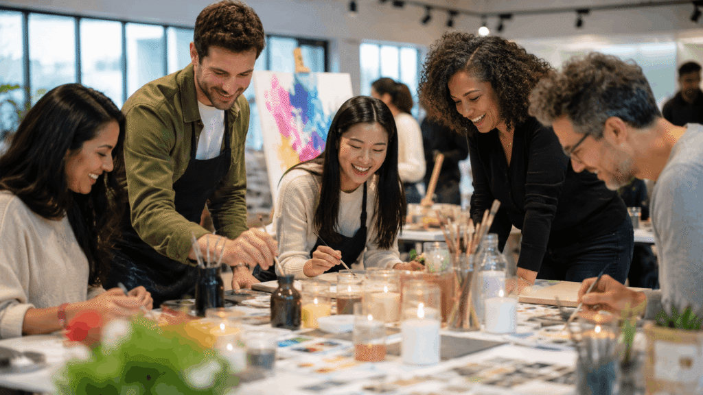 Colleagues smiling and creating together during a hands-on creative team-building workshop.