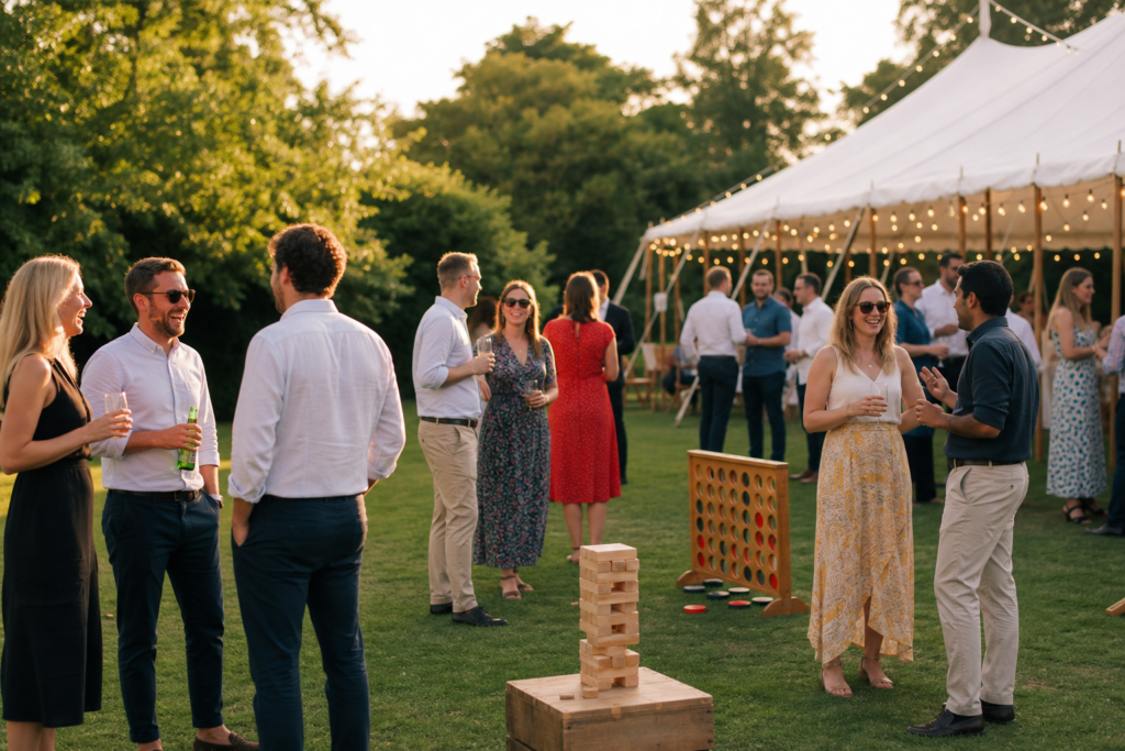 Colleagues enjoying an outdoor corporate summer party on a lawn with a marquee and string lights