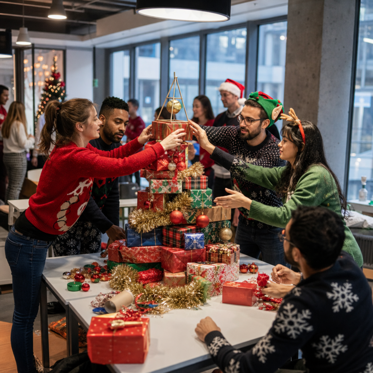 Teams building a festive structure during a Taskfather round