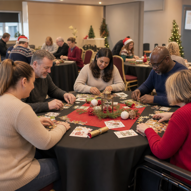 Seated teams working together on a festive puzzle task