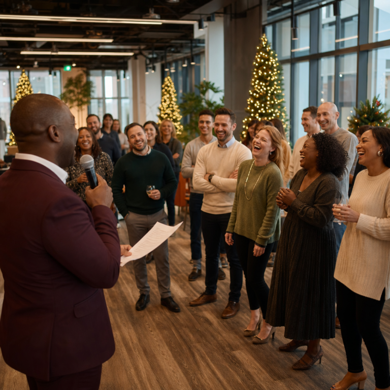 Host revealing scores at the end of a Taskfather Christmas challenge