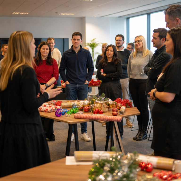 Team listening to instructions before starting a Christmas task challenge