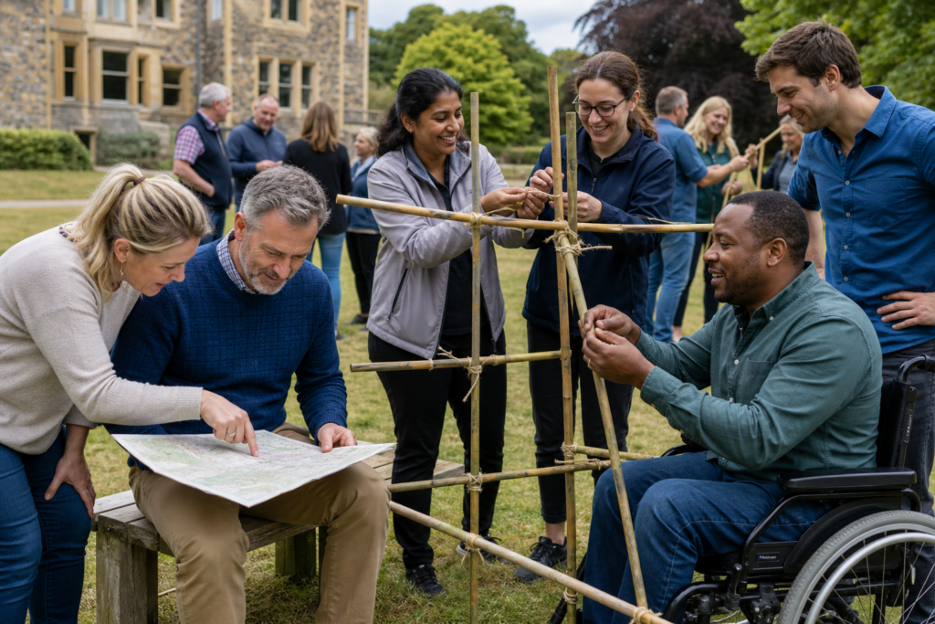 A diverse UK work team taking part in an outdoor team building challenge