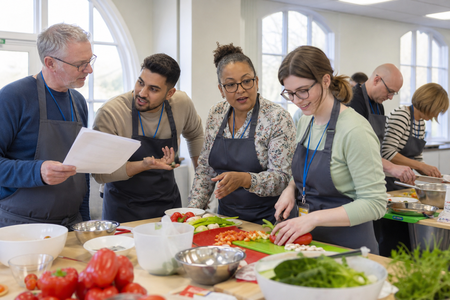 Colleagues working together during an inclusive indoor cooking challenge