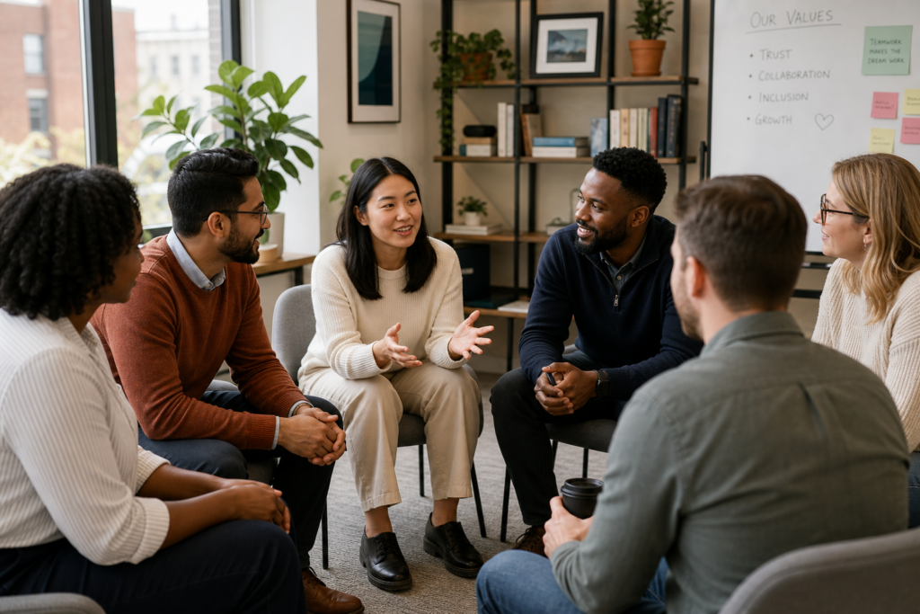 Office team members sitting in a circle, engaged in active conversation and listening to each other.