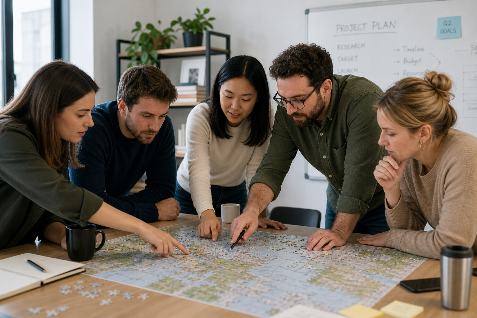 Team members working together on a puzzle or problem-solving challenge at a table.