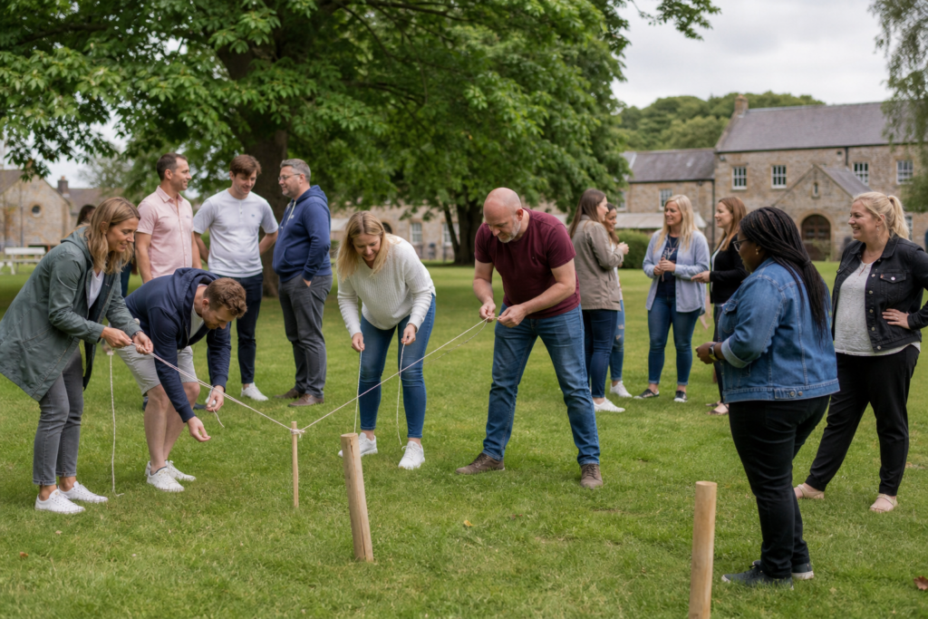 A mixed office team enjoying a relaxed outdoor team building day at a UK venue