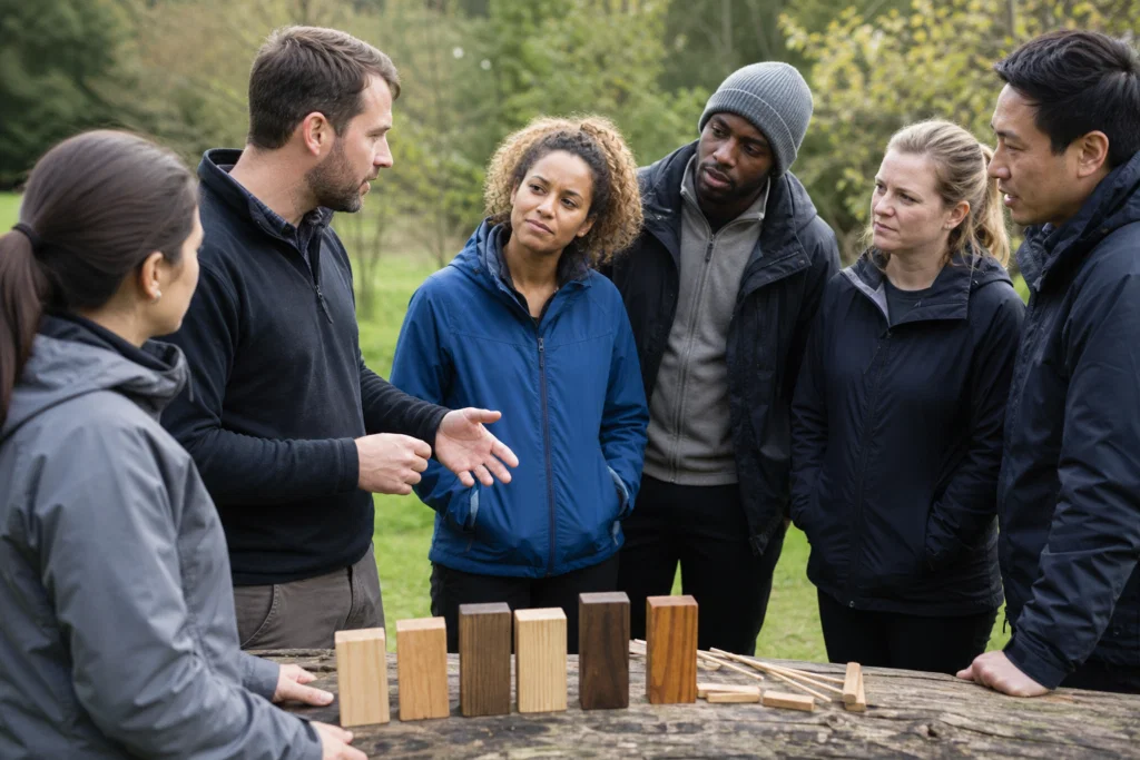 Team lead briefing colleagues during an outdoor corporate team building activity