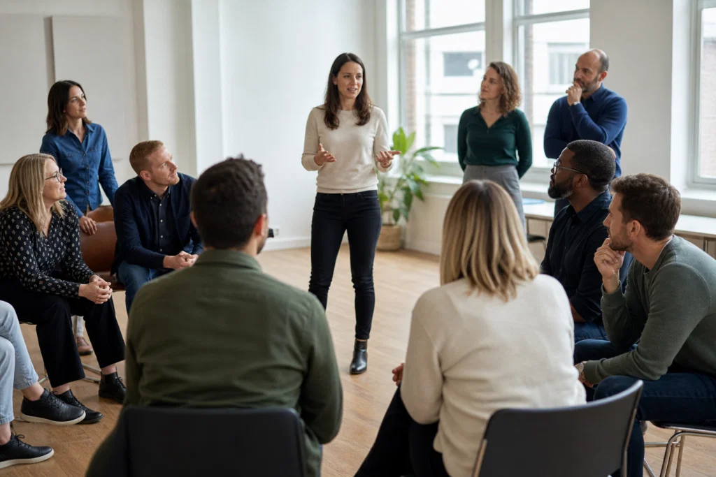 Team leader facilitating a debrief after a no-kit team building activity
