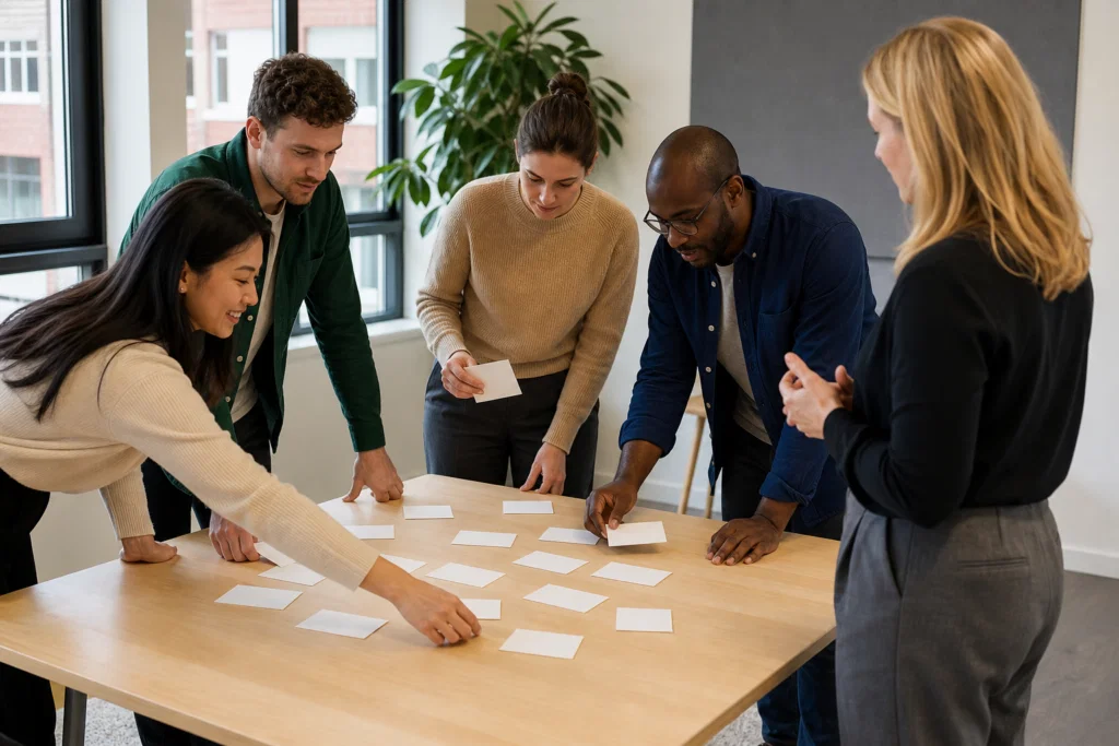 Team leader preparing a quick icebreaker for a work meeting