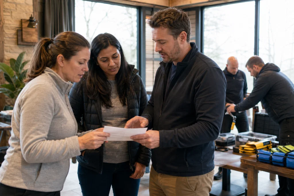 Team leaders checking the running order before a corporate team building event.