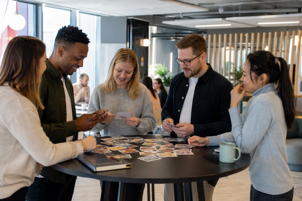 Team leaders planning indoor team building activities in an office breakout space