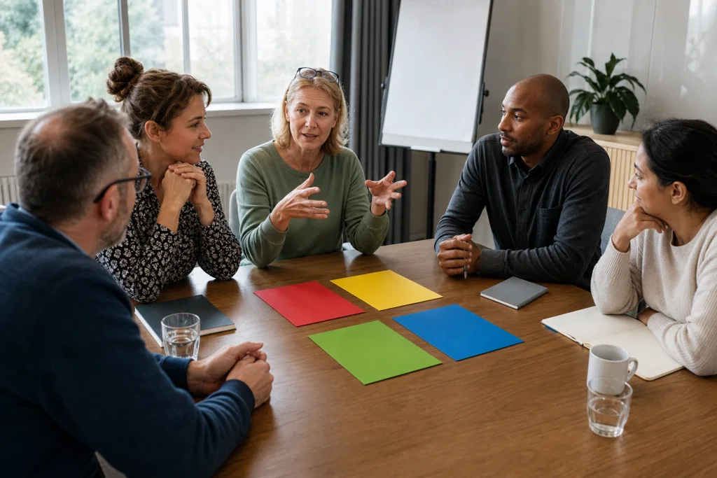 Team members discussing colour energy preferences in a facilitated workshop