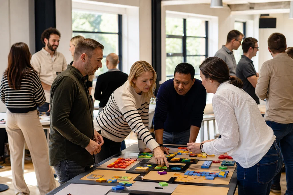 Team members working together during an indoor problem-solving activity