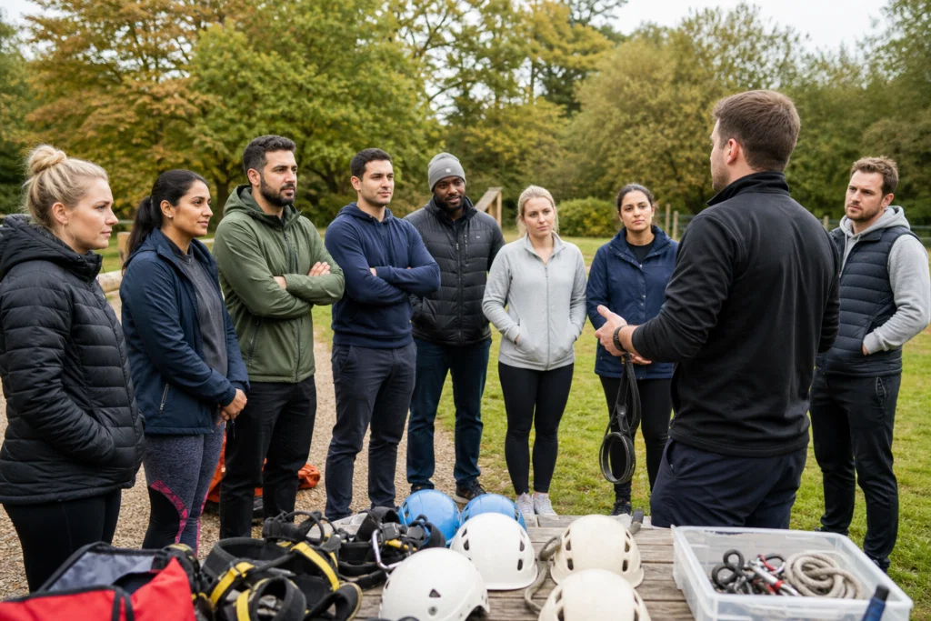 Team reviewing lessons after an outdoor corporate away day activity