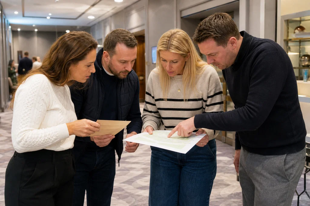 Team solving an indoor scavenger hunt clue at a corporate venue