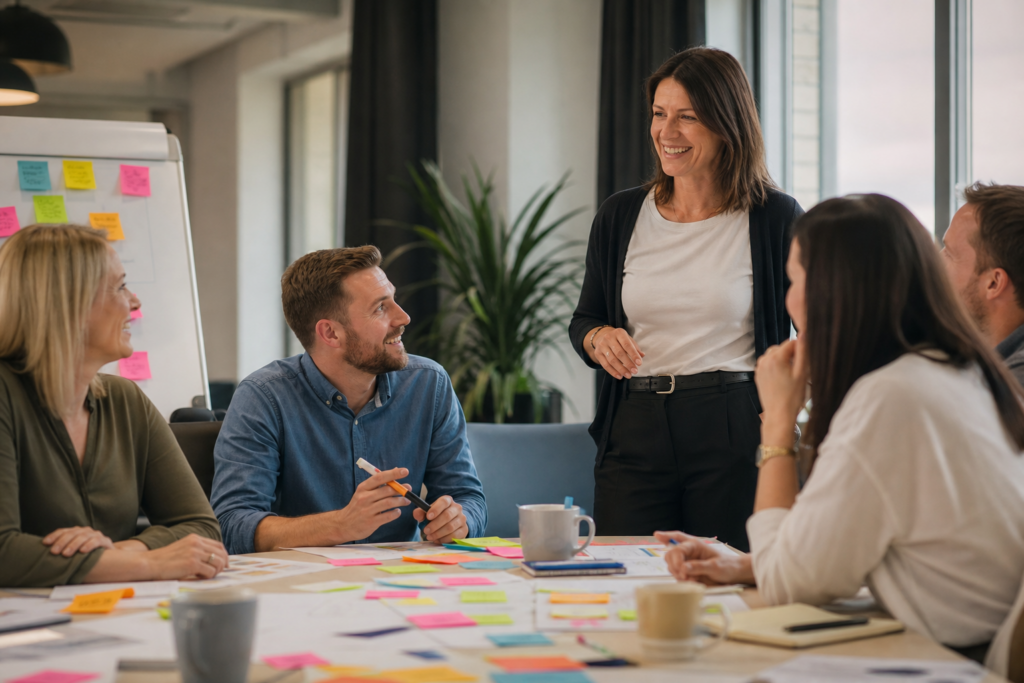 Your team gets stuck into a workshop discussion with sticky notes, mugs and a flipchart close by.