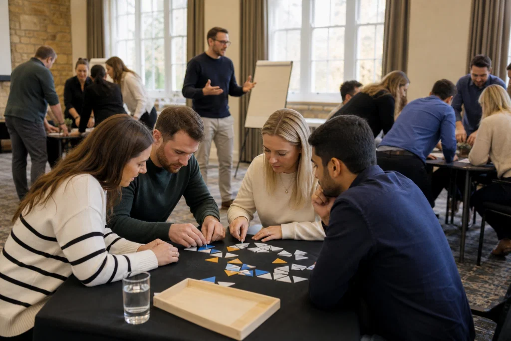 Teams collaborating during a managed corporate team building event