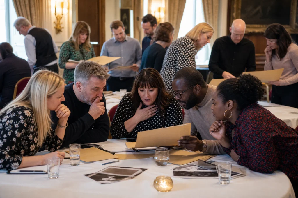 Teams discussing clues during a funny murder mystery team building activity