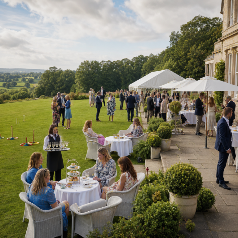 Wide view of a corporate afternoon tea garden party with lawn games, marquee and guests arriving with drinks