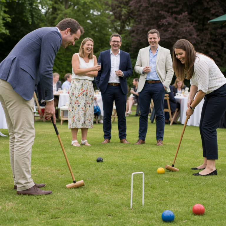 Corporate guests taking part in a croquet round during a relaxed afternoon tea garden party