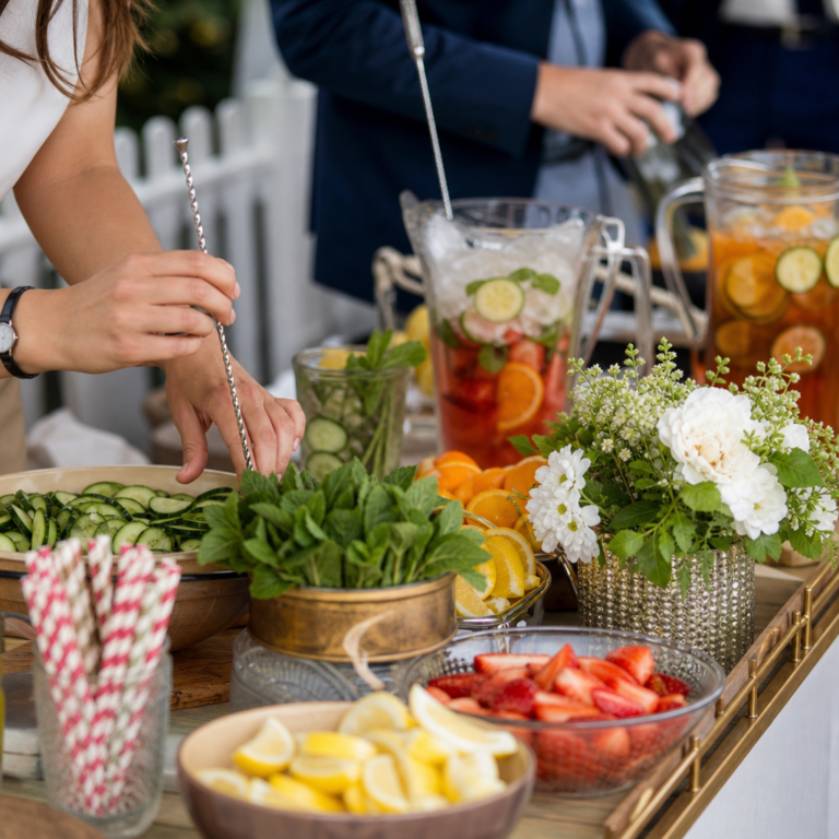 Close-up of guests making garnished summer drinks at a Pimm's style station during a corporate garden party