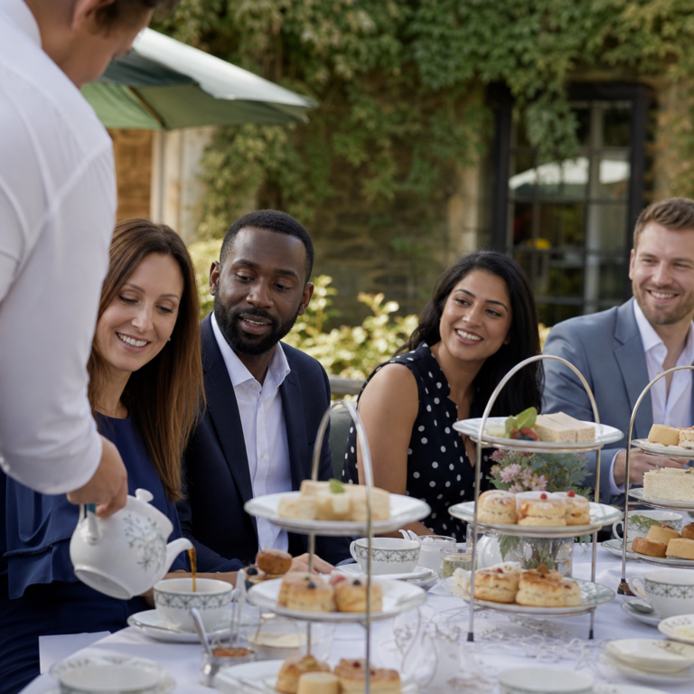 Team members smiling around an afternoon tea table as tea is poured during a corporate summer event