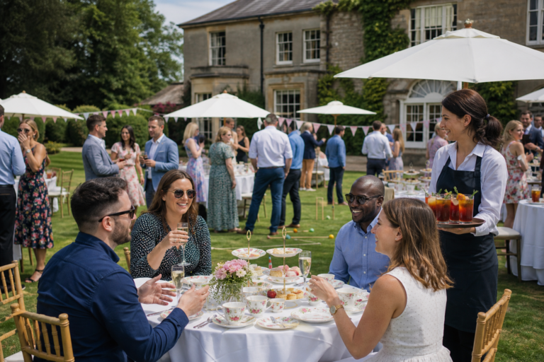 UK corporate team enjoying a traditional afternoon tea and Pimm's garden party on a lawn with croquet and dressed tables