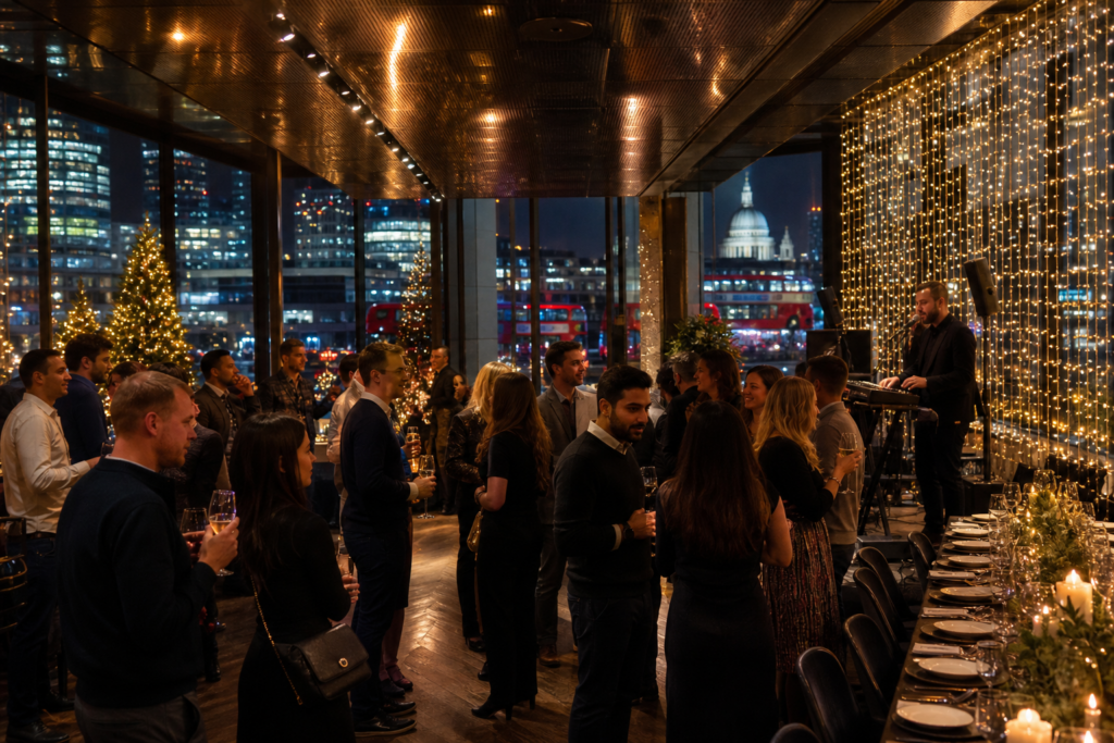 Corporate Christmas party in a premium central London venue with guests, festive lighting and live entertainment