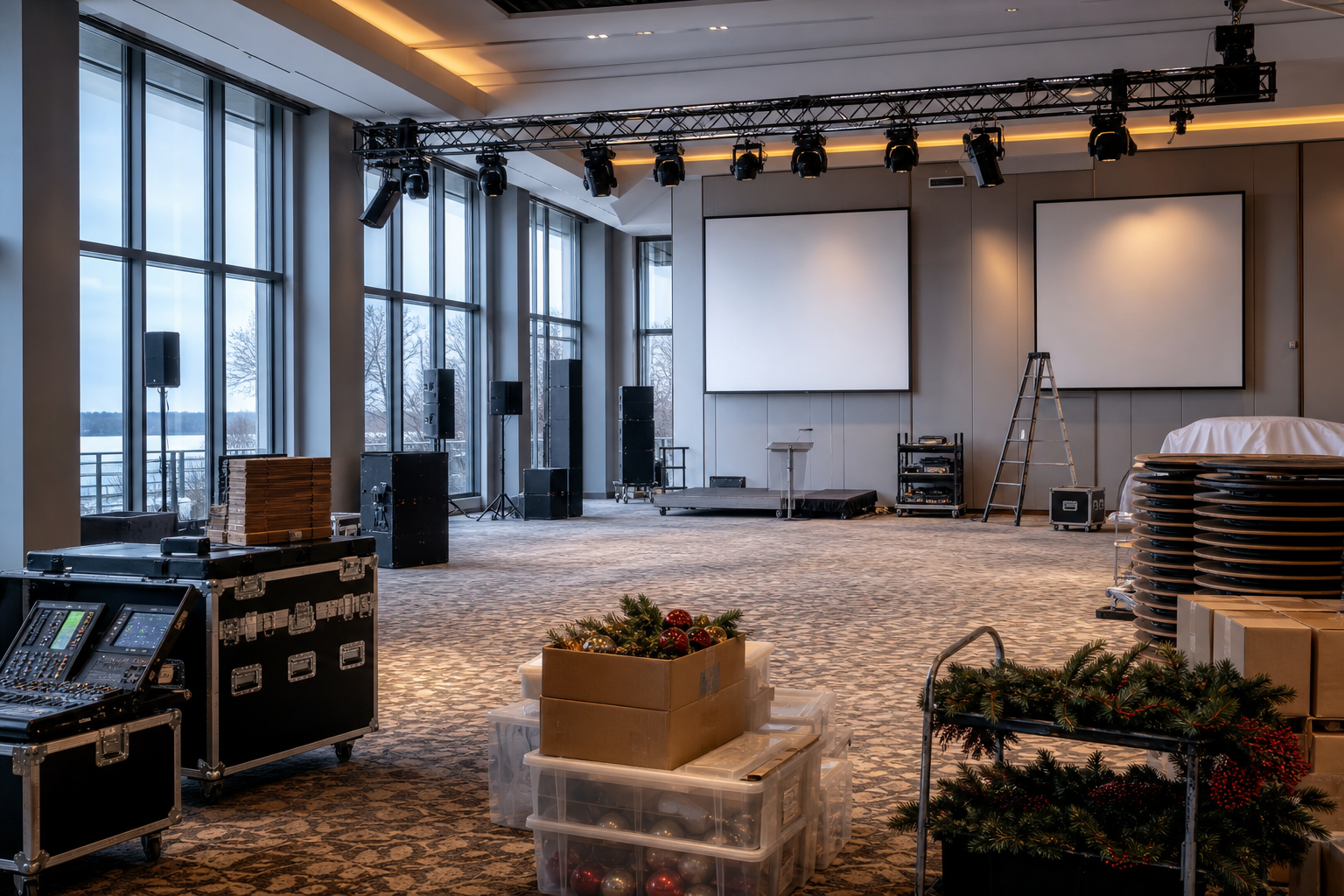 Blank‑canvas venue being set up for a corporate Christmas event