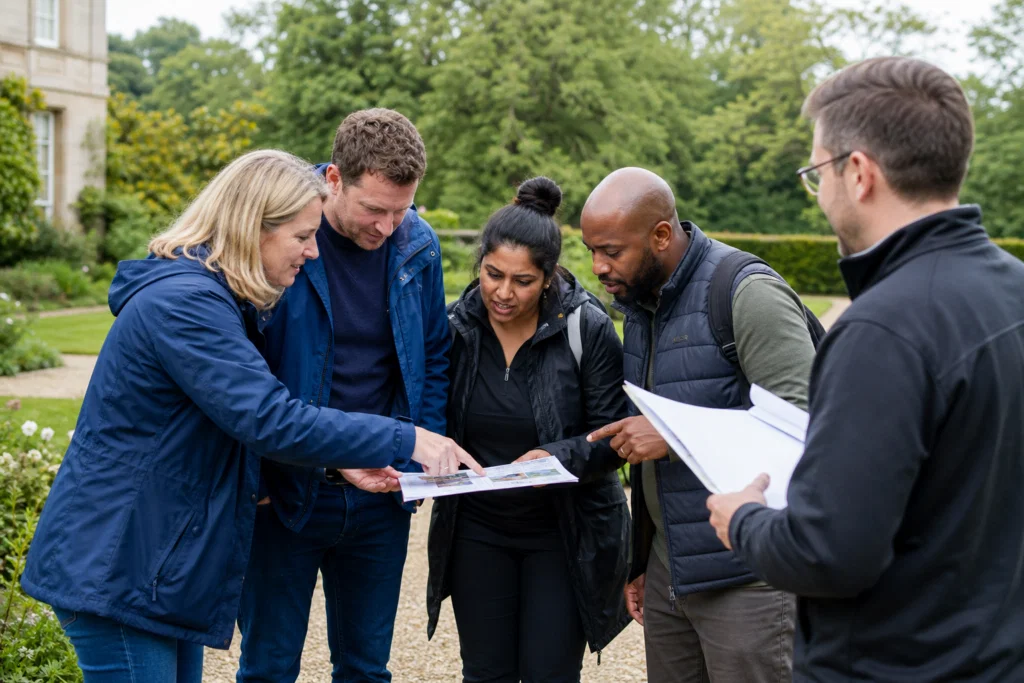 Work colleagues solving an outdoor clue challenge as part of a team building event