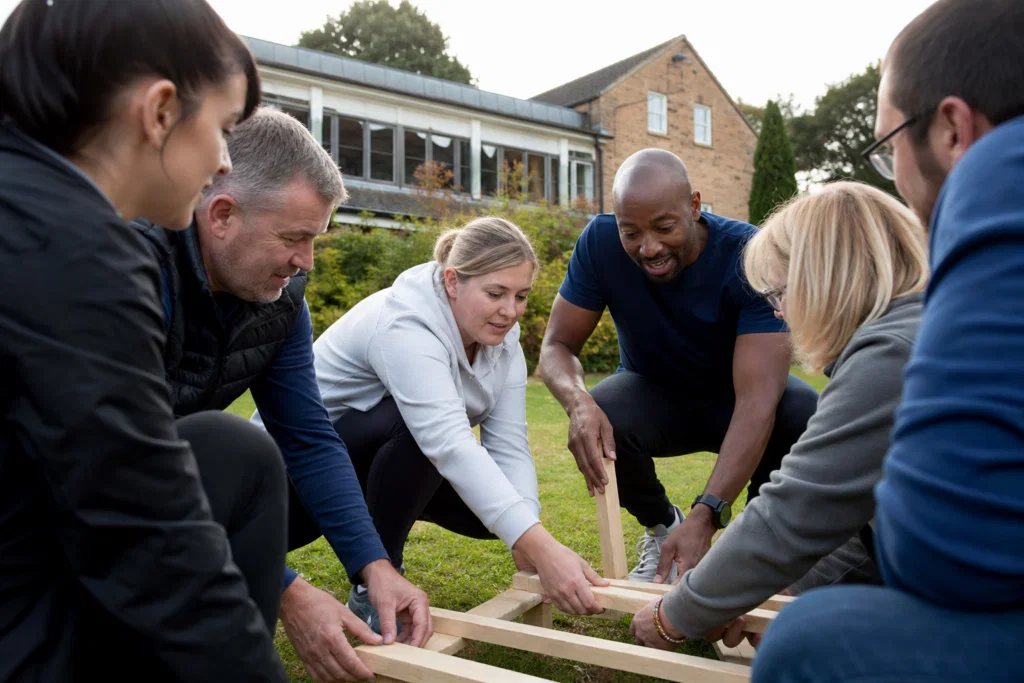 Workplace team collaborating outdoors during a team building task