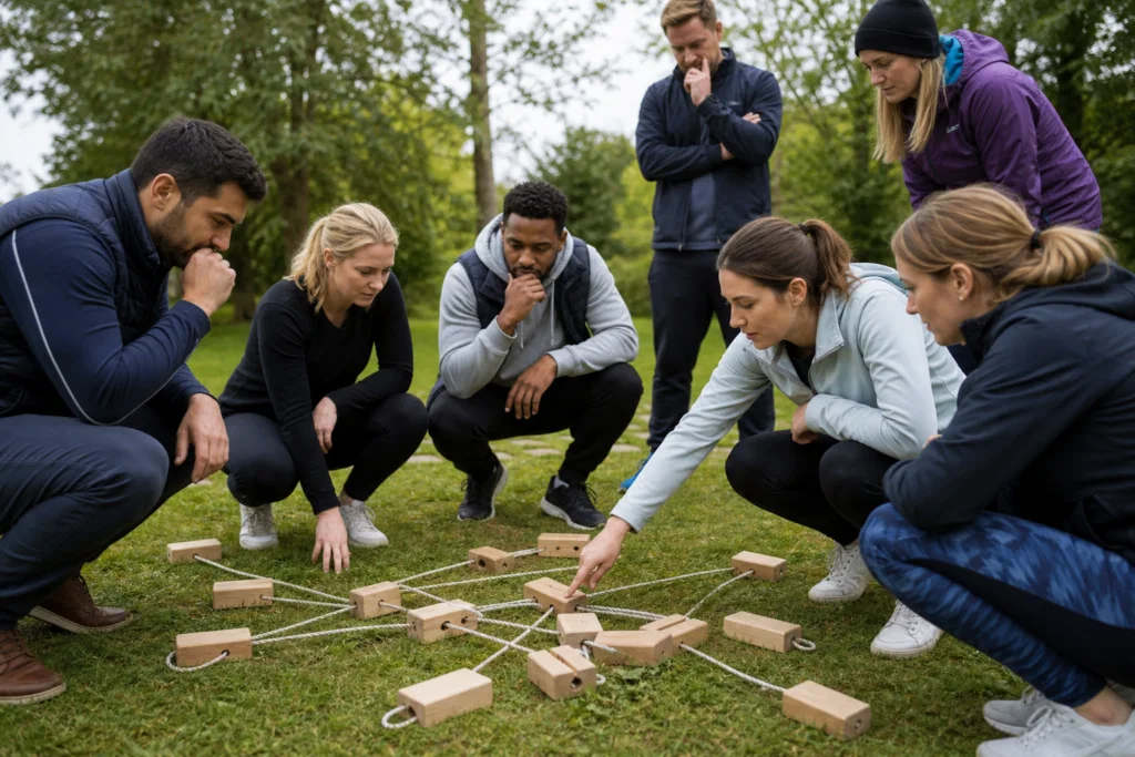 Workplace team planning together during an outdoor corporate away day activity