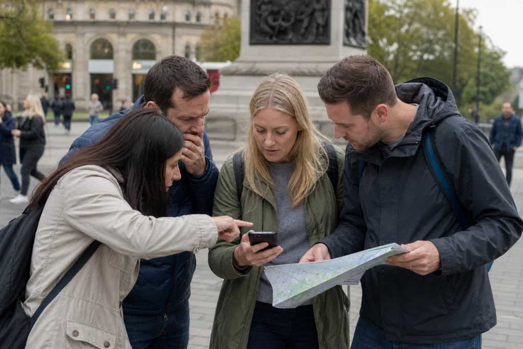 Workplace teams taking part in a competitive scavenger hunt