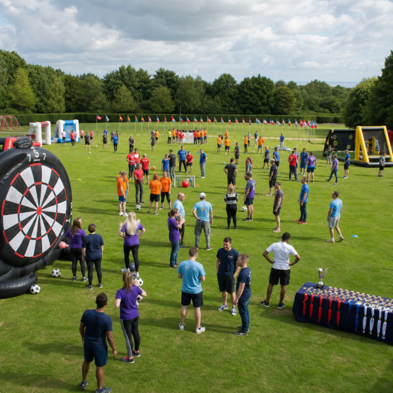 Wide establishing view of the World Cup Fever event layout with several football challenge stations running at once